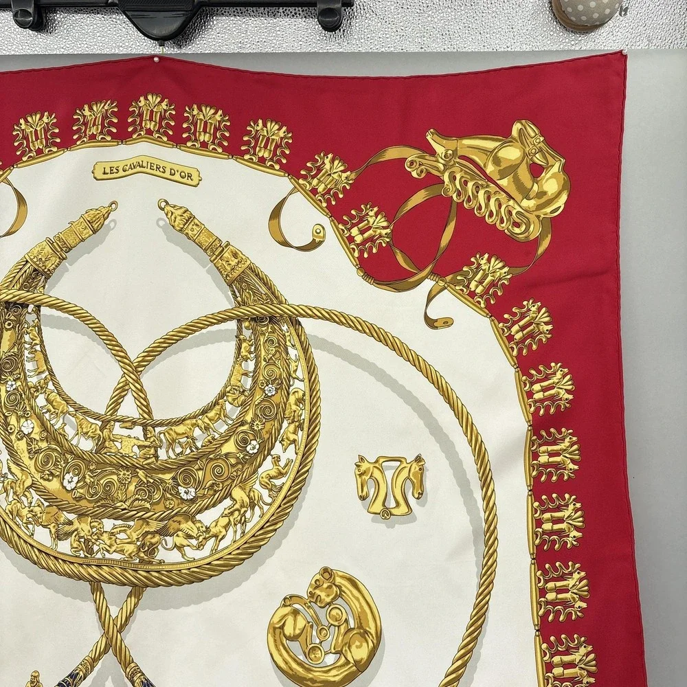 Hermes Scarf Silk Red Gold Les Cavaliers D'Or Horse Print Square Carre 90 VTG